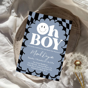 Oh Boy! Blue Chequered Happy Face Baby Shower Invitation