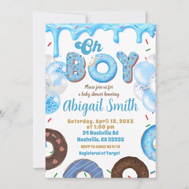Oh Boy Blue Donut baby shower Invitation (Devant)