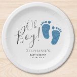 Oh Boy Blue Feet Baby Shower Paper Plate<br><div class="desc">This cute Boy's Baby Shower Paper Plate is decorated with blue glitter baby's feet and the words,  Oh Boy!
Easily customizable.</div>