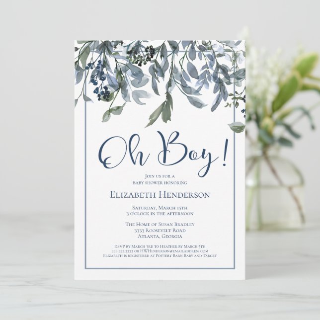 Oh Boy Blue Floral Green Baby shower Invitation (Debout devant)