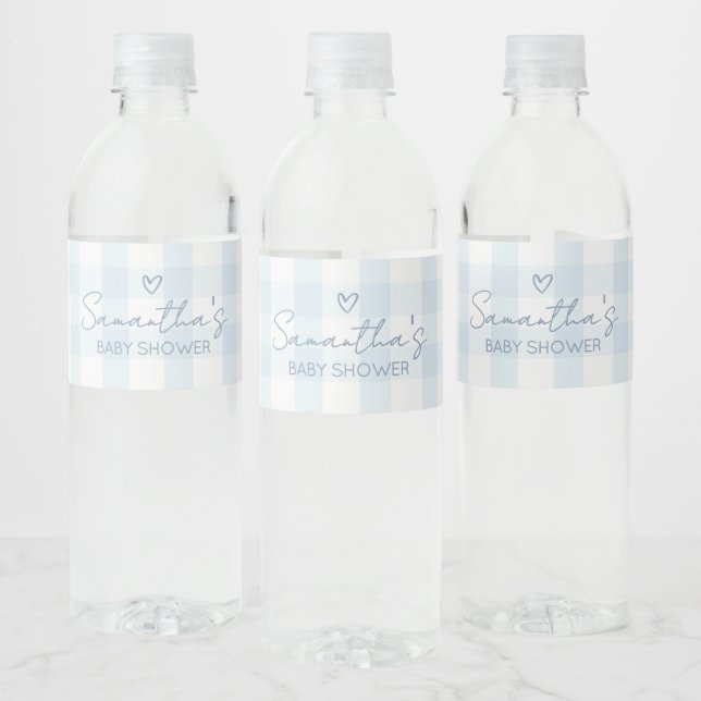 Oh Boy Blue Gingham Baby Shower Water Bottle Label (Bottles)