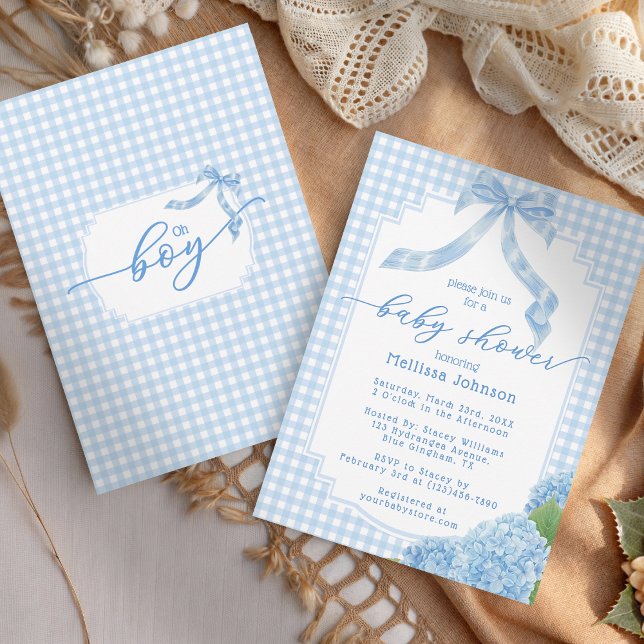 Oh Boy Blue Gingham Plaid Hydrangea Baby Shower Invitation (Creator Uploaded)