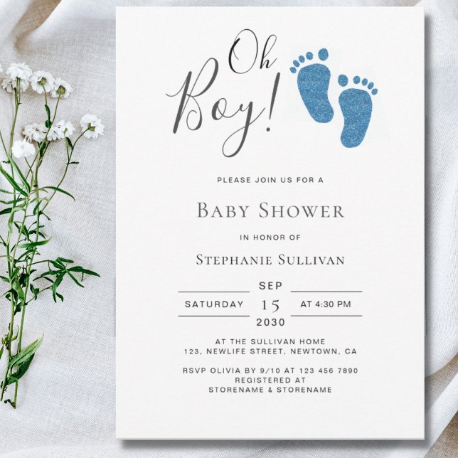 Oh Boy Blue Glitter Feet Boy's Baby Shower Invitation (Creator Uploaded)
