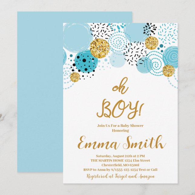 Oh Boy Blue Gold Glitter Baby Shower Invitation (Front/Back)