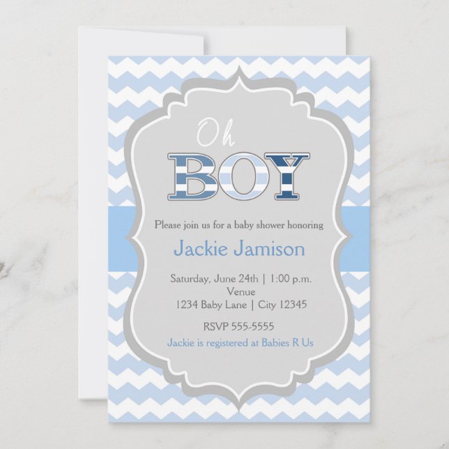 Oh Boy Blue Grey Chevron Baby shower Invitation (Devant)