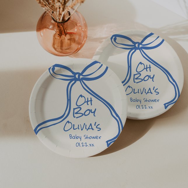 Oh Boy Blue Hand Written Drawn Bow Baby Shower Paper Plate (Creator Uploaded)