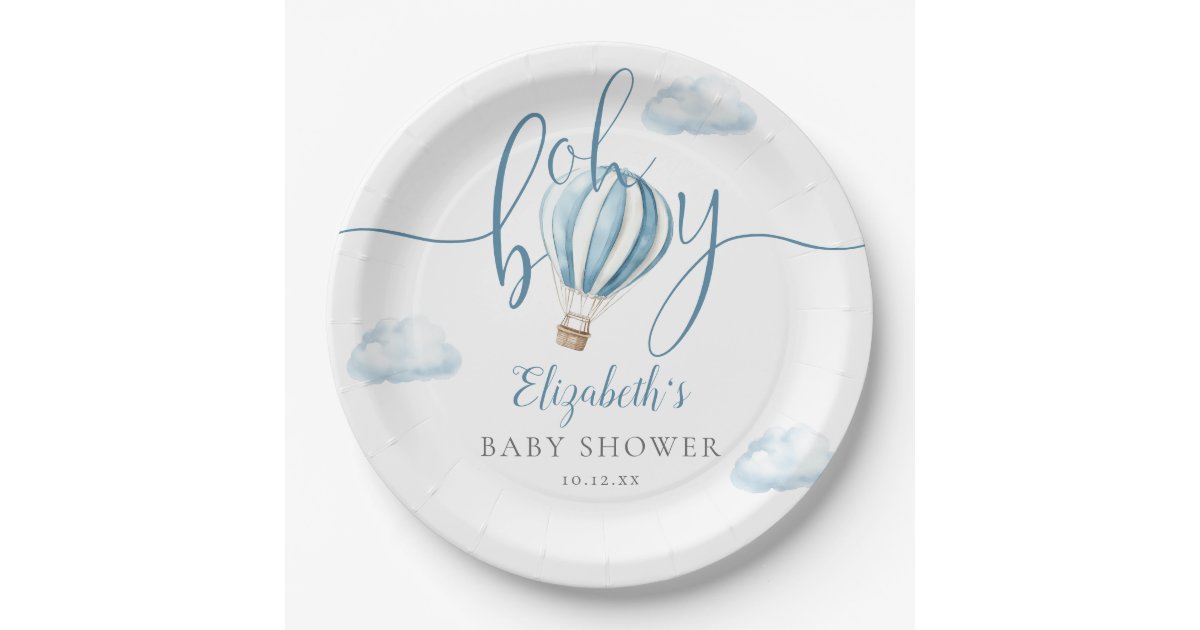 Oh Boy Blue Hot Air Balloon Baby Shower Paper Plate | Zazzle