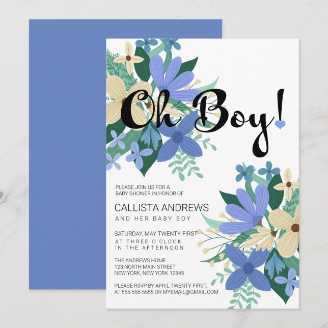 Oh Boy Blue Ivory Floral Bouquet Baby Shower Invitation (Front/Back)