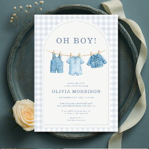 Oh Boy Blue Jean Denim Clothesline Baby Shower Invitation
