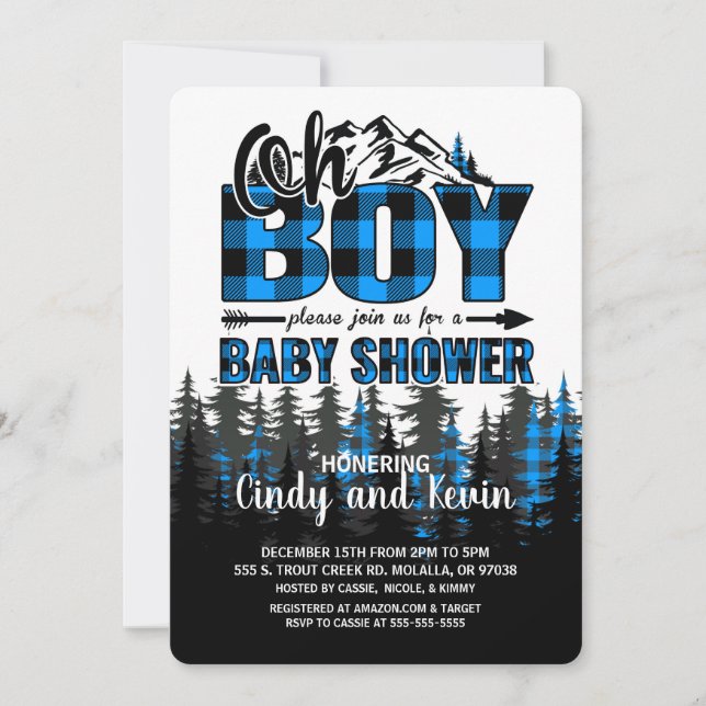Oh Boy Blue Plaid Lumberjack Shower Invitation (Front)