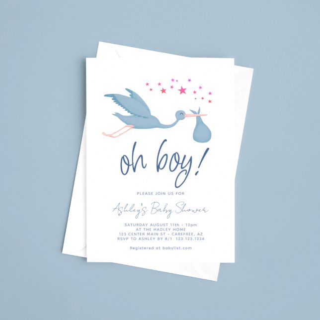 Oh Boy Blue Stork Baby Shower Invitation (Creator Uploaded)