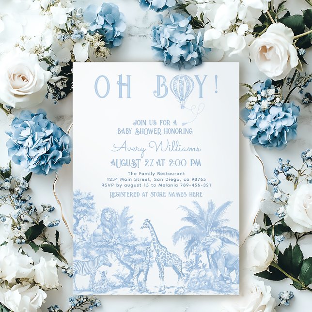 Oh Boy Blue Toile Safari Animal Baby Shower Invitation (Creator Uploaded)