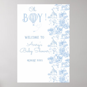 Oh Boy Blue Toile Safari Animal Baby Shower Poster