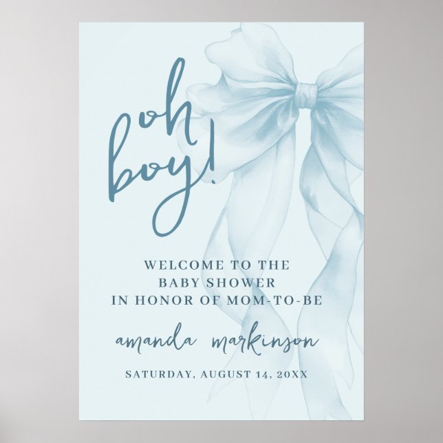Oh Boy Blue Watercolor Bow Baby Shower Welcome Poster (Front)