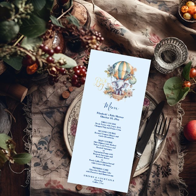 Oh boy blue watercolor elephant baby shower menu (Creator Uploaded)