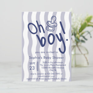 Oh Boy Blue Wavy Stripes Baby Shower Invitation