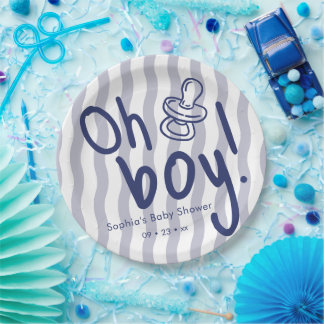 Oh Boy Blue Wavy Stripes Baby Shower Paper Plate