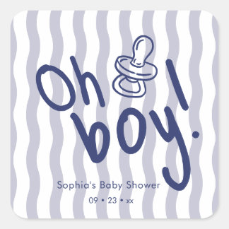 Oh Boy Blue Wavy Stripes Baby Shower Square Sticker
