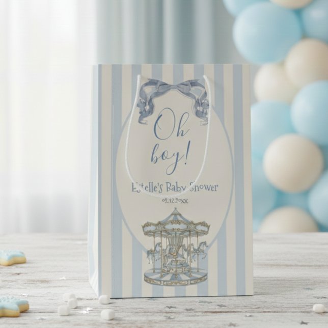 Oh Boy! Bow Carousel Blue French Baby Shower Medium Gift Bag (Creator Uploaded)
