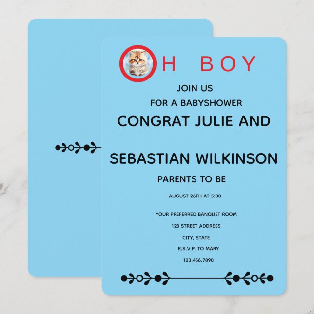 Oh Boy Cat Image Baby Shower Invitation (Front/Back)