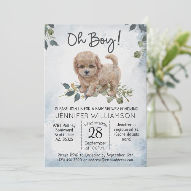 Oh Boy! Cockapoo Puppy Watercolor Baby Shower Invitation (Standing Front)