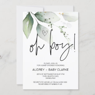 Oh Boy Cute Baby Shower Party Green Eucalyptus Inv Invitation