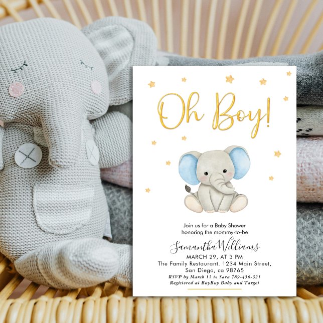 Oh Boy Cute Blue Baby Elephant Baby Shower Invitation (Creator Uploaded)