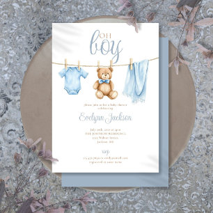 Oh Boy Cute Blue Clothesline Baby Shower Invitation