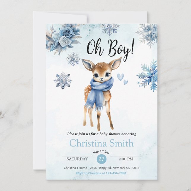 Oh Boy Cute Blue Deer Snowflake Baby Boy shower Invitation (Front)