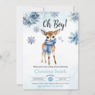 Oh Boy Cute Blue Deer Snowflake Baby Boy shower Invitation