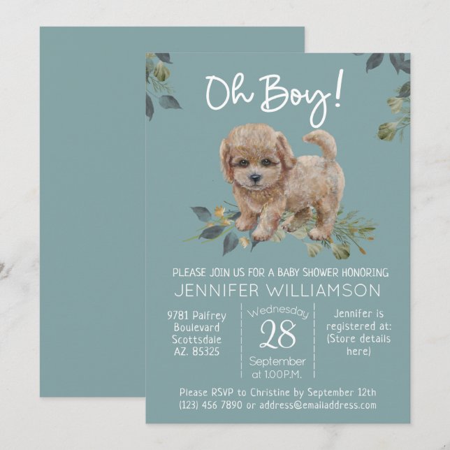 Oh Boy! Cute Dog Baby Shower Labradoodle Invitation (Front/Back)