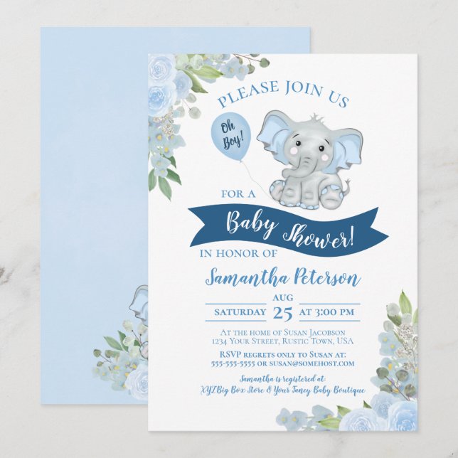Oh Boy! Cute Elephant Blue Floral Baby Shower Invitation (Front/Back)