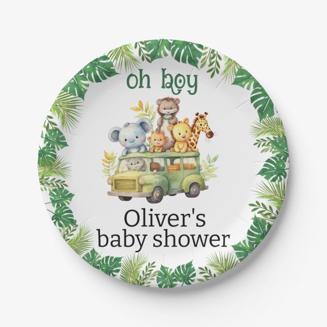 oh boy cute jungle safari animals baby shower paper plate (Front)