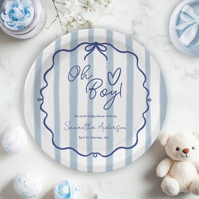 Oh Boy Cute Modern Dusty Blue Baby Shower Paper Plate (Creator Uploaded)