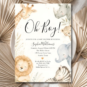 Oh Boy Cute Safari Animal Boho Baby Shower Invitation