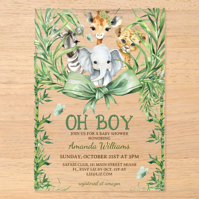 Oh Boy Cute Safari Animals Baby Shower Acrylic Invitations (Front)