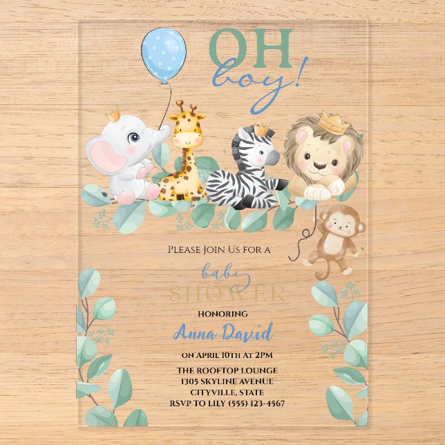 Oh Boy Cute Safari  Jungle Animals Baby Shower Acrylic Invitations (Front)