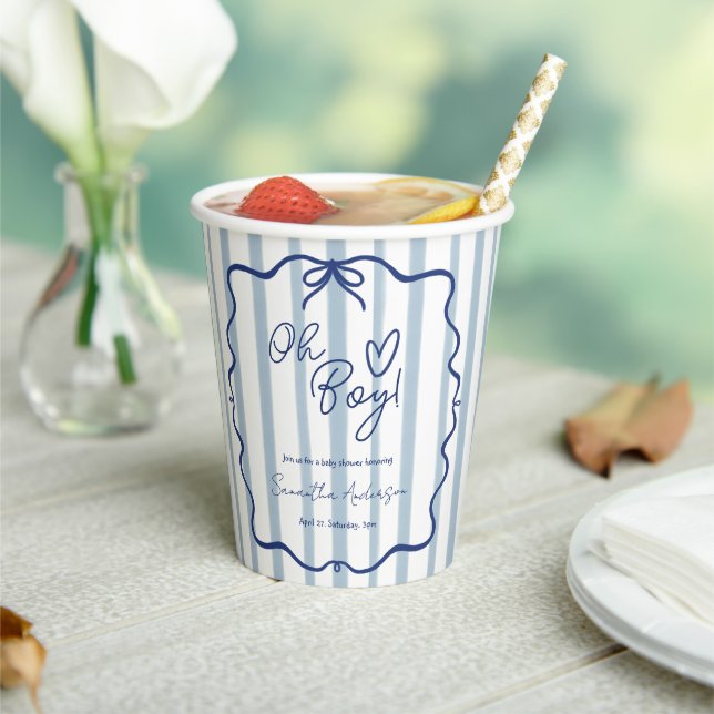 Oh Boy Cute Whimsical Blue Stripes Baby Shower Paper Cups (Insitu)
