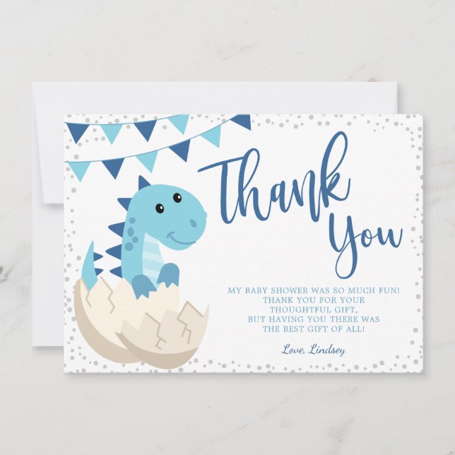 Oh Boy Dinosaur Navy Blue Baby Shower Flat Thank You Card (Front)