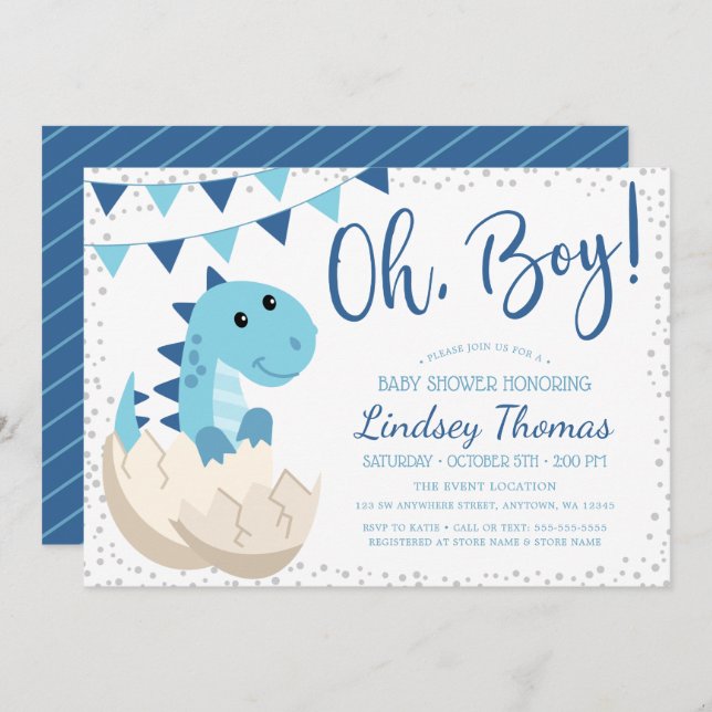 Oh Boy Dinosaur Navy Blue Baby Shower Invitation (Front/Back)