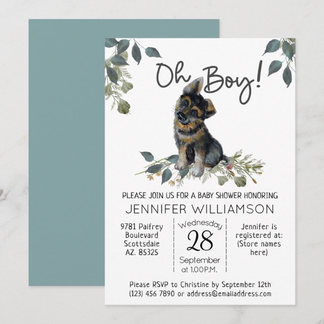 Oh Boy! Dog Baby Shower German Shepherd Puppy Invitation (Front/Back)