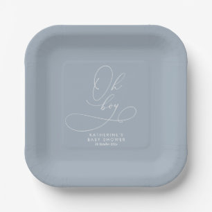 Oh Boy Dusty Blue Baby Shower Paper Plate