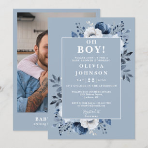 Oh Boy Dusty Blue Floral Photo Baby Shower Invitation