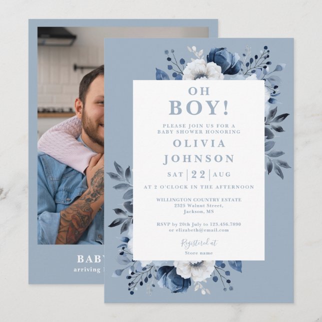 Oh Boy Dusty Blue Floral Photo Baby Shower Invitation (Front/Back)