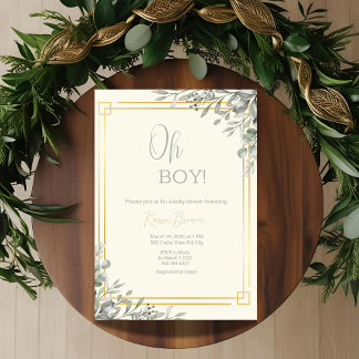 Oh Boy Elegant Greenery & Gold Baby Shower  Invitation