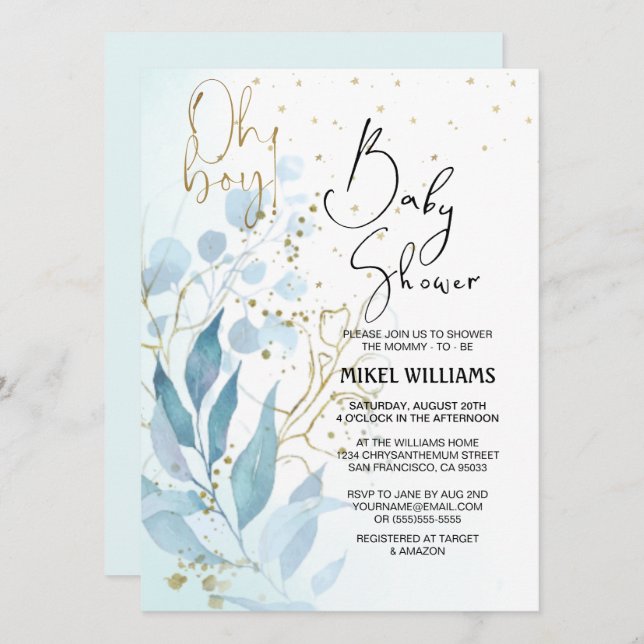 Oh Boy | Elegant Watercolor Simply Baby Shower   Invitation (Front/Back)