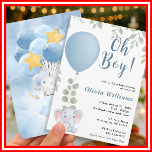 Oh Boy Elephant Eucalyptus Balloon Baby Shower   Invitation