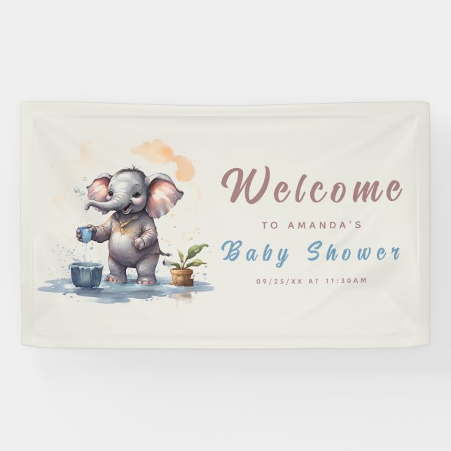 Oh Boy Elephant Rustic Gold Blue Baby Shower Banner (Horizontal)