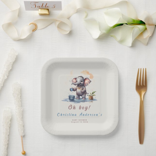 Oh Boy Elephant Rustic Gold Blue Baby Shower Paper Plate (Wedding)