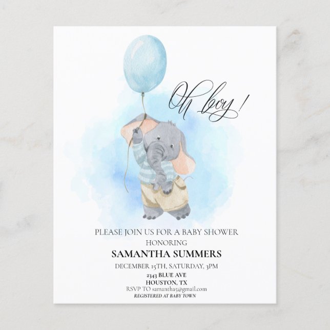 Oh Boy Elephant Watercolor Blue Baby Shower (Front)